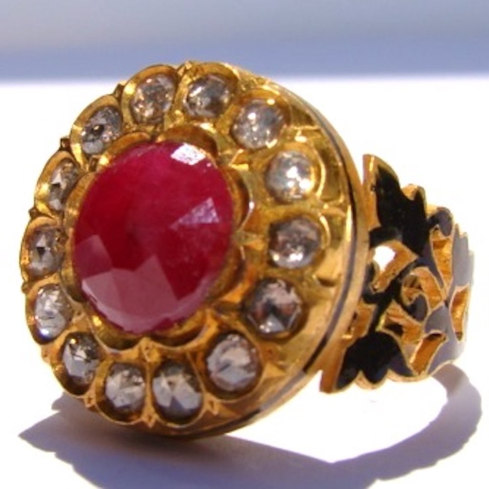 24K Gold--Jaipur 'The Gem Palace' -- Ruby Red & Rose Cut Diamonds Ring--Sz 8